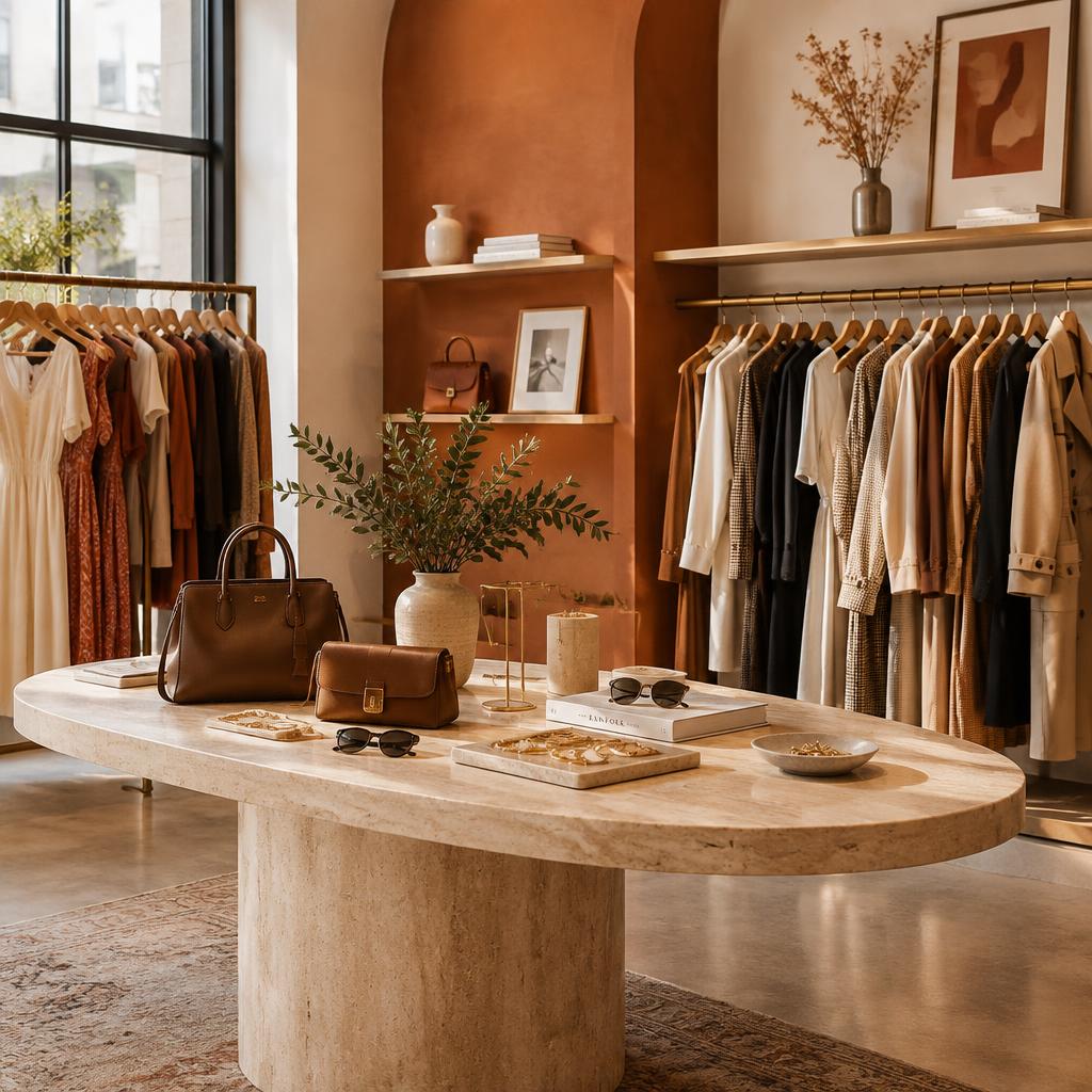 Boutique interior with clothing, bags and accessories