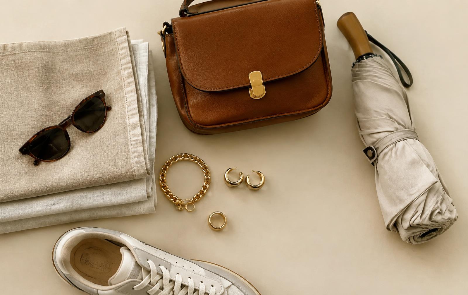 Clothing, a bag, sunglasses, jewelry and an umbrella